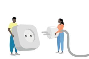 A black guy with a huge socket and a black girl with a big plug in his hands, flat vector, isolated on white, compatibility, faceless illustration, saving energy vector