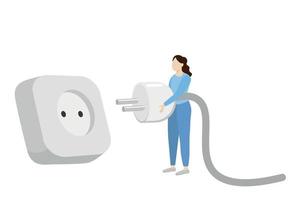 A girl with a big plug in her hands stands near a huge socket, flat vector, isolate on white, compatibility, faceless illustration, save energy vector