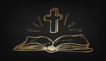 Open Holy Bible with crucifix on dark background vector