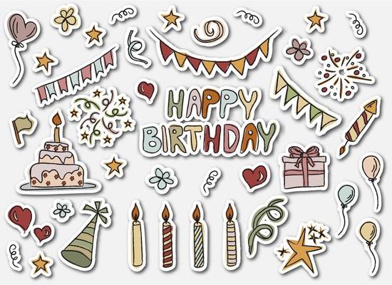 Birthday colorful stickers set in  doodle style