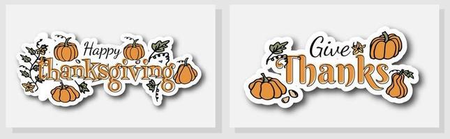 Trendy hand drawn Thanksgiving stickers with pumpkins. vector