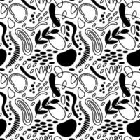 Vector seamless pattern. Abstract repetitive ornament for surface design, printing on paper and fabric. Handdrawn waves, shapes, circles, flowers, leaves, branches. Background for social media post.