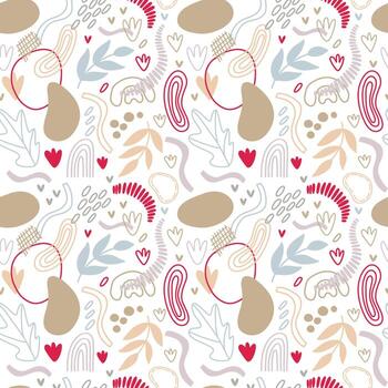 patrón transparente de vector. ornamento repetitivo abstracto para el diseño de superficies, impresión en papel y tela. ondas dibujadas a mano, formas, círculos, flores, hojas, ramas. antecedentes para la publicación en las redes sociales. vector