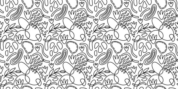 patrón transparente de vector. ornamento repetitivo abstracto para el diseño de superficies, impresión en papel y tela. ondas dibujadas a mano, formas, círculos, flores, hojas, ramas. antecedentes para la publicación en las redes sociales. vector