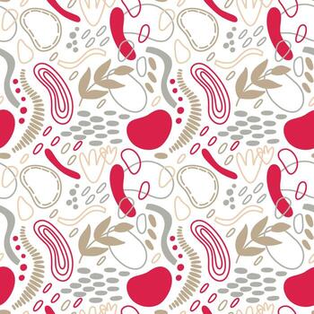 patrón transparente de vector. ornamento repetitivo abstracto para el diseño de superficies, impresión en papel y tela. ondas dibujadas a mano, formas, círculos, flores, hojas, ramas. antecedentes para la publicación en las redes sociales. vector