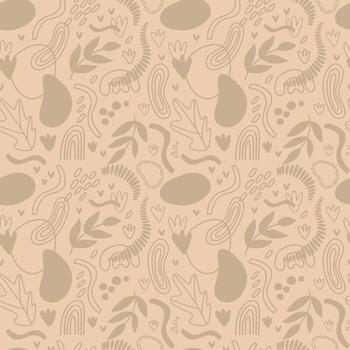 patrón transparente de vector. ornamento repetitivo abstracto para el diseño de superficies, impresión en papel y tela. ondas dibujadas a mano, formas, círculos, flores, hojas, ramas. antecedentes para la publicación en las redes sociales. vector