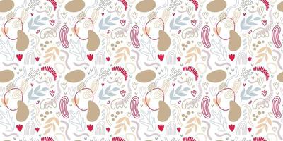 patrón transparente de vector. ornamento repetitivo abstracto para el diseño de superficies, impresión en papel y tela. ondas dibujadas a mano, formas, círculos, flores, hojas, ramas. antecedentes para la publicación en las redes sociales. vector