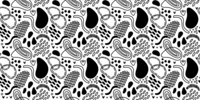 Vector seamless pattern. Abstract repetitive ornament for surface design, printing on paper and fabric. Handdrawn waves, shapes, circles, flowers, leaves, branches. Background for social media post.