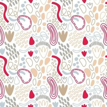 patrón transparente de vector. ornamento repetitivo abstracto para el diseño de superficies, impresión en papel y tela. ondas dibujadas a mano, formas, círculos, flores, hojas, ramas. antecedentes para la publicación en las redes sociales. vector