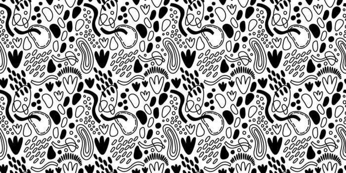 patrón transparente de vector. ornamento repetitivo abstracto para el diseño de superficies, impresión en papel y tela. ondas dibujadas a mano, formas, círculos, flores, hojas, ramas. antecedentes para la publicación en las redes sociales. vector