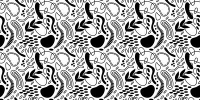 Vector seamless pattern. Abstract repetitive ornament for surface design, printing on paper and fabric. Handdrawn waves, shapes, circles, flowers, leaves, branches. Background for social media post.