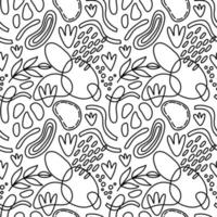 Vector seamless pattern. Abstract repetitive ornament for surface design, printing on paper and fabric. Handdrawn waves, shapes, circles, flowers, leaves, branches. Background for social media post.