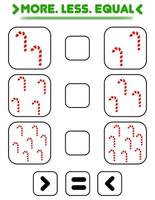 comparar el número de dulces. escribe el signo más, menos, igual. enseñando a niños. educación para jardín de infantes. vector