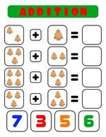 Addition of  ginger christmas tree. A task for children. Educational development sheet. Color activity page. A game for children. Funny character.  Cartoon style vector