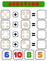 Addition of snowflakes . A task for children. Educational development sheet. Color activity page. A game for children. Funny character.  Cartoon style. vector