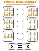 comparar el número de cebollas. escribe el signo más, menos, igual. enseñando a niños. educación para jardín de infantes. vector