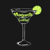 Hand drawn glass of margarita cocktail with lime and lettering text vector