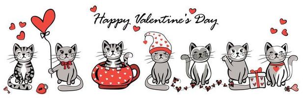 Set of cute cats for valentine day with cup, balloon and hearts vector