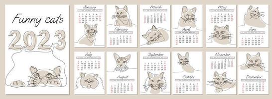 Vector vertical calendar 2023 with funny cats in trendy line art style