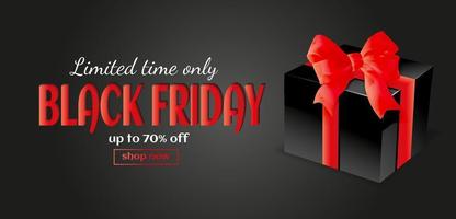 Black Friday background with black gift box and red bow vector