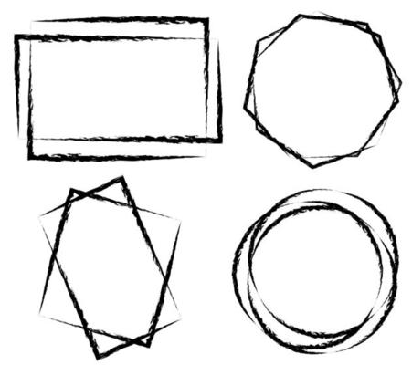 Set of four black geometric abstract frames with brush effects isolated on white background.