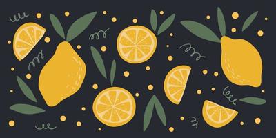 conjunto moderno abstracto de icono de fruta de limón aislado sobre fondo negro. ilustración plana dibujada a mano vectorial. rodajas de limón, cítricos frescos, limones en rodajas y limón picado vector