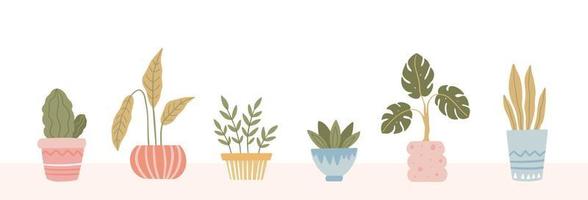 Set of home plants in Flowerpot. Trendy hand drawn houseplant in pot. Vector isolated illustration on white background