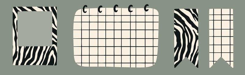 Set of Cute Scrapbook paper note and printable elements. To do list and Weekly journal planner template. Simple memo sticker. Vector illustration with zebra print