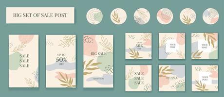 Big Set of Sale Post Social Media pack Template premium vector, organic design in pastel colors. Stylish posts, story and Highlights. Editable templates with space for text vector