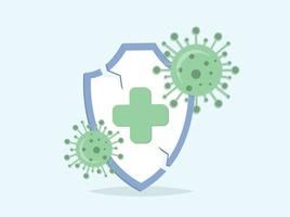 Vector Immunity Symbol with Virus Attack. Flat illustration on Isolated white background. Medical staff stand with disposable syringe, web banner, poster