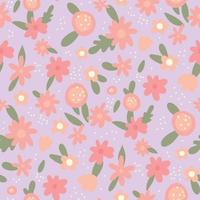 Seamless pattern of little spring flowers on purple background. Vector hand drawn floral cover, banner, gift wrap, wallpapers