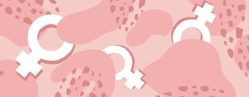 Vector International Women's Day horizontal banner. 8th march. Soft Pink poster with abstract shapes and female symbol. Vector background in flat style for greeting card, postcard, web, banner