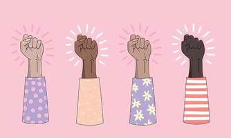 Colorful vector Women's fists with different skin color. Symbol of power and protest. Race equality, diversity, tolerance illustration. Flat design style. Can be used for backgrounds, prints, posters