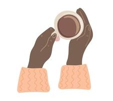 Hands holding cup of coffee. Top view vector