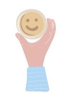 mano sosteniendo una taza de café con cara sonriente dentro vector