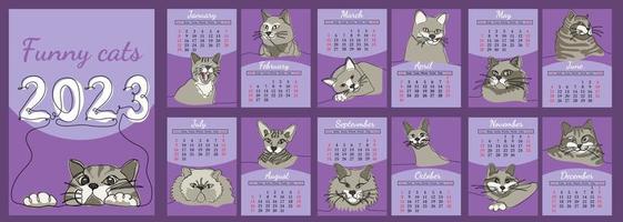 Vector vertical calendar 2023 with funny cats in line art style. Week starts from Sunday