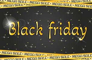 Black friday sale banner. Yellow crossed ribbons, confetti and inscription on black background vector