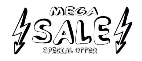 Hand drawn MEGA SALE text and lightning icon in doodle style vector