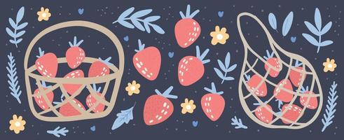 Abstract modern set of Strawberries in basket. Vector hand drawn berries with flowers and leaves illustration. Isolated on black background