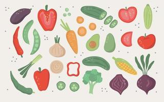 conjunto de verduras y verduras de garabato dibujadas a mano plana. elementos de alimentos orgánicos saludables. ilustración vectorial aislado sobre fondo blanco vector