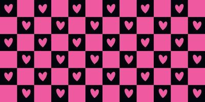 Emo and Goth checkered seamless patterns with hearts. 2000s black and pink background. Retro 90s, 00s aesthetic vector