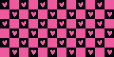 Emo and Goth checkered seamless patterns with hearts. 2000s black and pink background. Retro 90s, 00s aesthetic vector