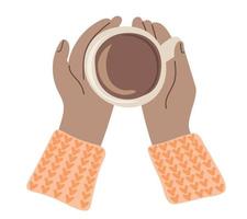 Hands holding cup of coffee. Top view vector