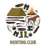 Hunting club poster of hunter weapon and equipment vector