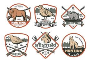 Hunting animal, bird with rifle retro shield badge vector