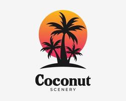 Coconut Tree Palm Tropical Beach Island Silhouette Summer Sun Sunset Holiday Vector Logo Design