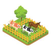 3D Isometric livestock animals in a corral with green grass. Vector Isometric Illustration Suitable for Diagrams, Infographics, And Other Graphic assets