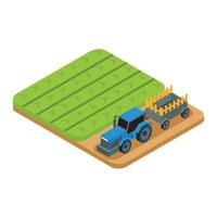 3D Isometric Tractor works in a field. Agriculture machinery. Plowing in the field. Heavy agricultural machinery for fieldwork. vector