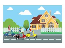 Flat illustration of vespa ride with friend on roadside .Vector Illustration Suitable for Diagrams, Infographics and Other Graphical assets vector