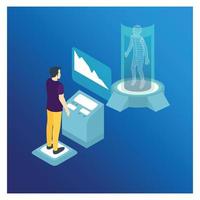 3D Isometric man communicates with a futuristic abstract smartphone screen hologram. Vector Isometric Illustration Suitable for Diagrams, Infographics, And Other Graphic assets